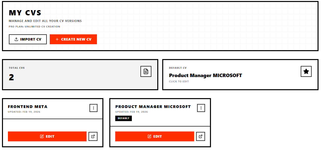 CSPARK CV dashboard — create and manage multiple ATS-optimized CV versions for different job roles