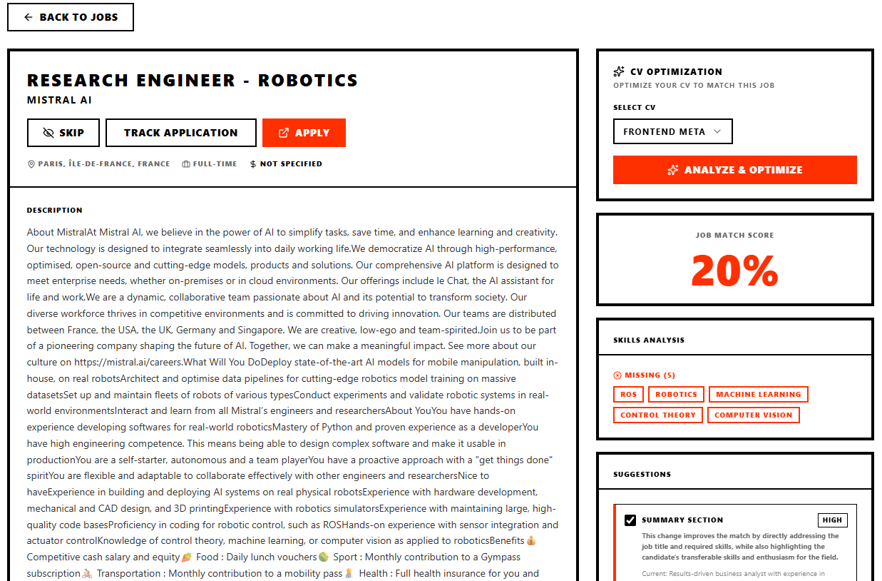 CSPARK CV versus job match score — compare your CV against a job listing and fix ATS keyword gaps
