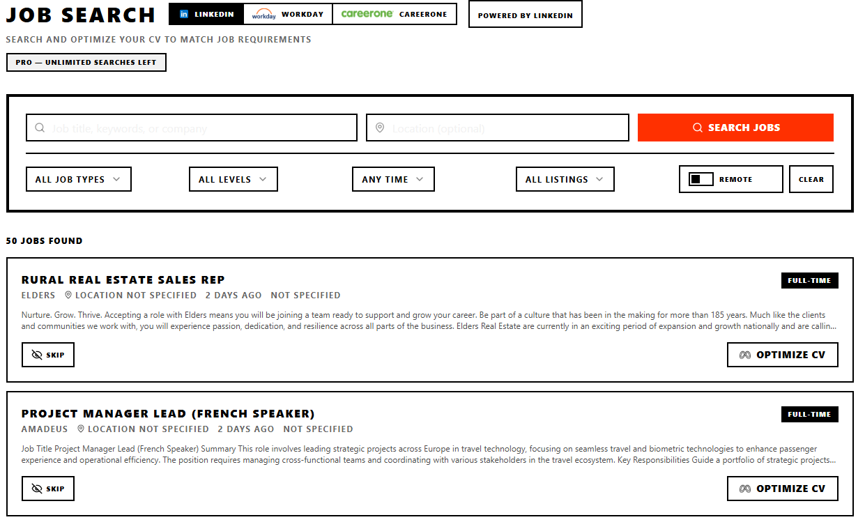 CSPARK job search — real-time job listings from LinkedIn, Workday and CareerOne