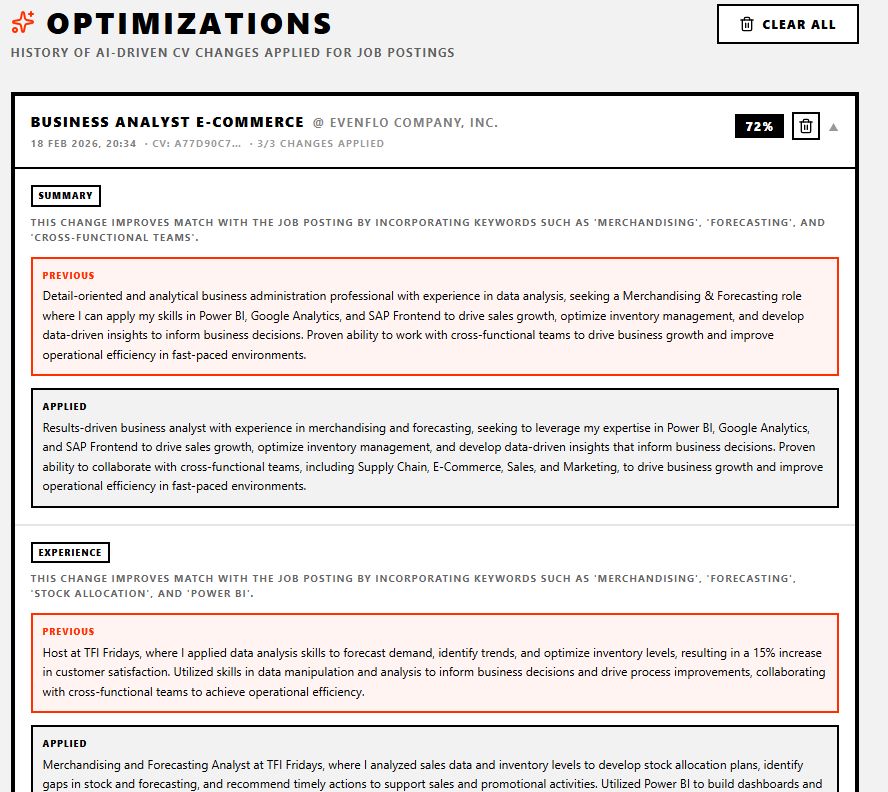 CSPARK AI CV optimization history — track every AI-driven change made to your CV per job